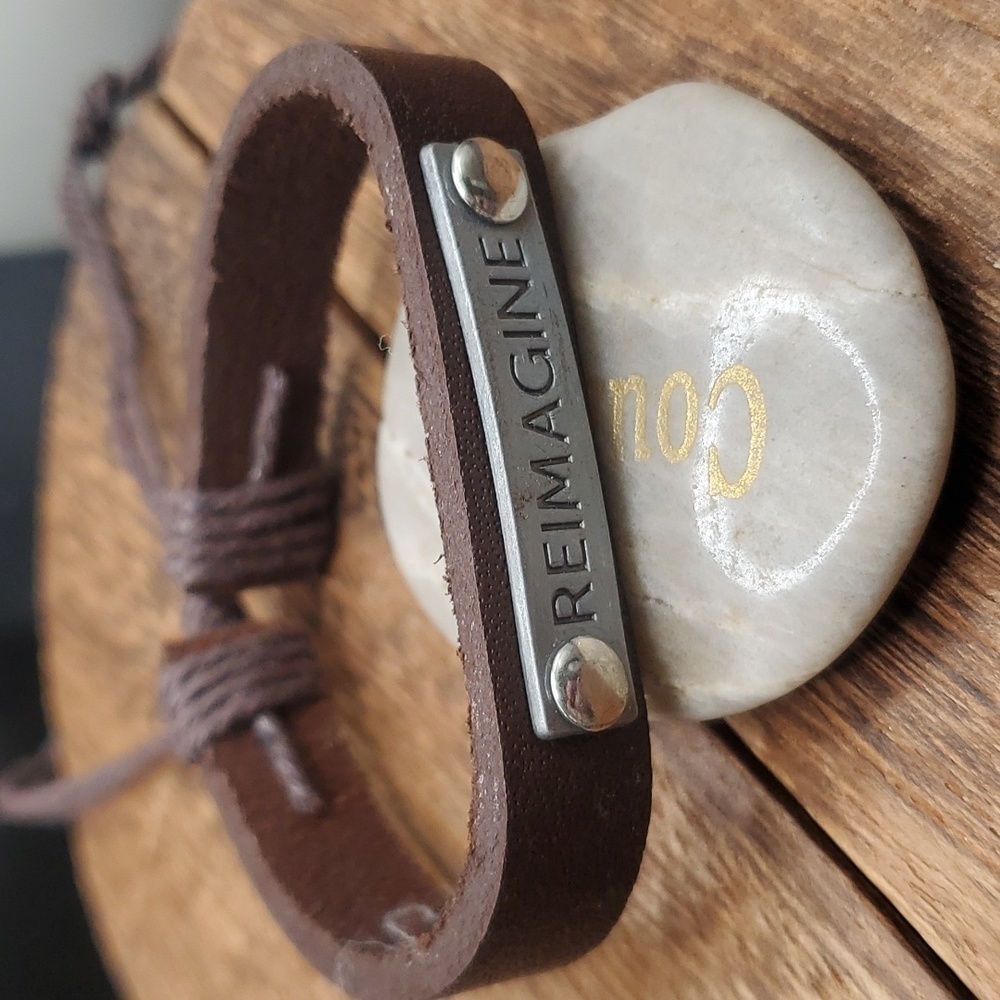 Leather brutalist bracelet reimagine inspirational gift idea B2607‎